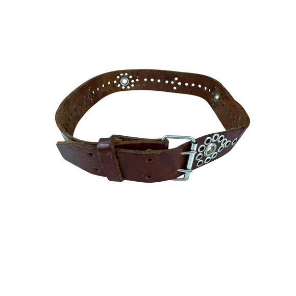 Vintage Brown Leather 1970s Grommet Belt 31” Punk Western Style Double Prong - Picture 3 of 6